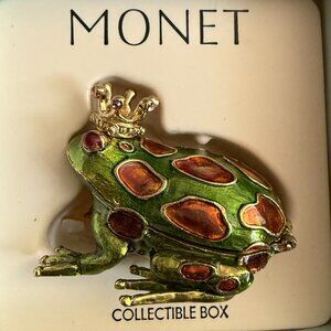 Monet Green Crown Frog Collectible Enamel Keepsake Trinket Box / Hinged Jewelry